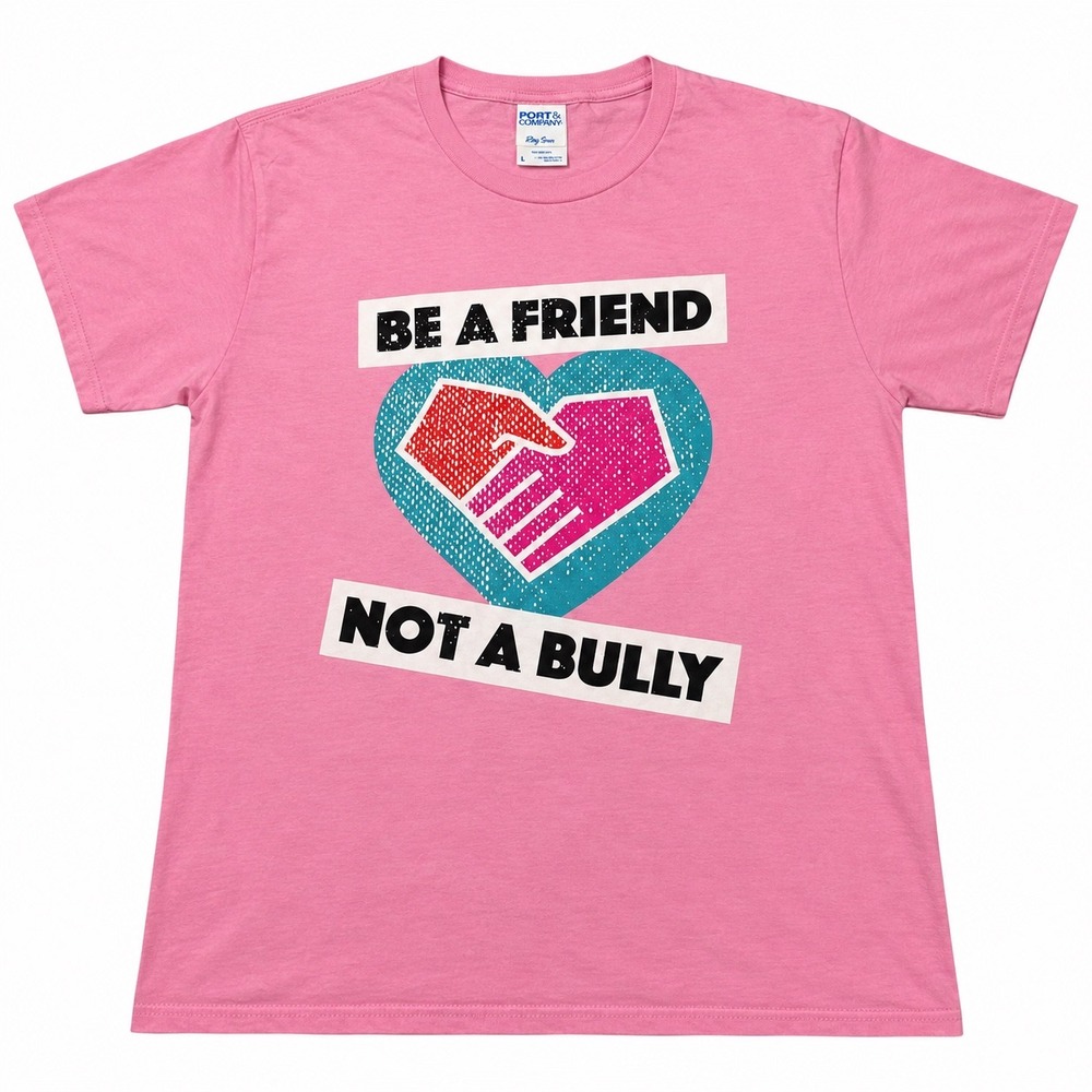 Anti-Bullying Be A Friend Not A Bully Pink Graphic T-Shirt Large Mens Heart Tee